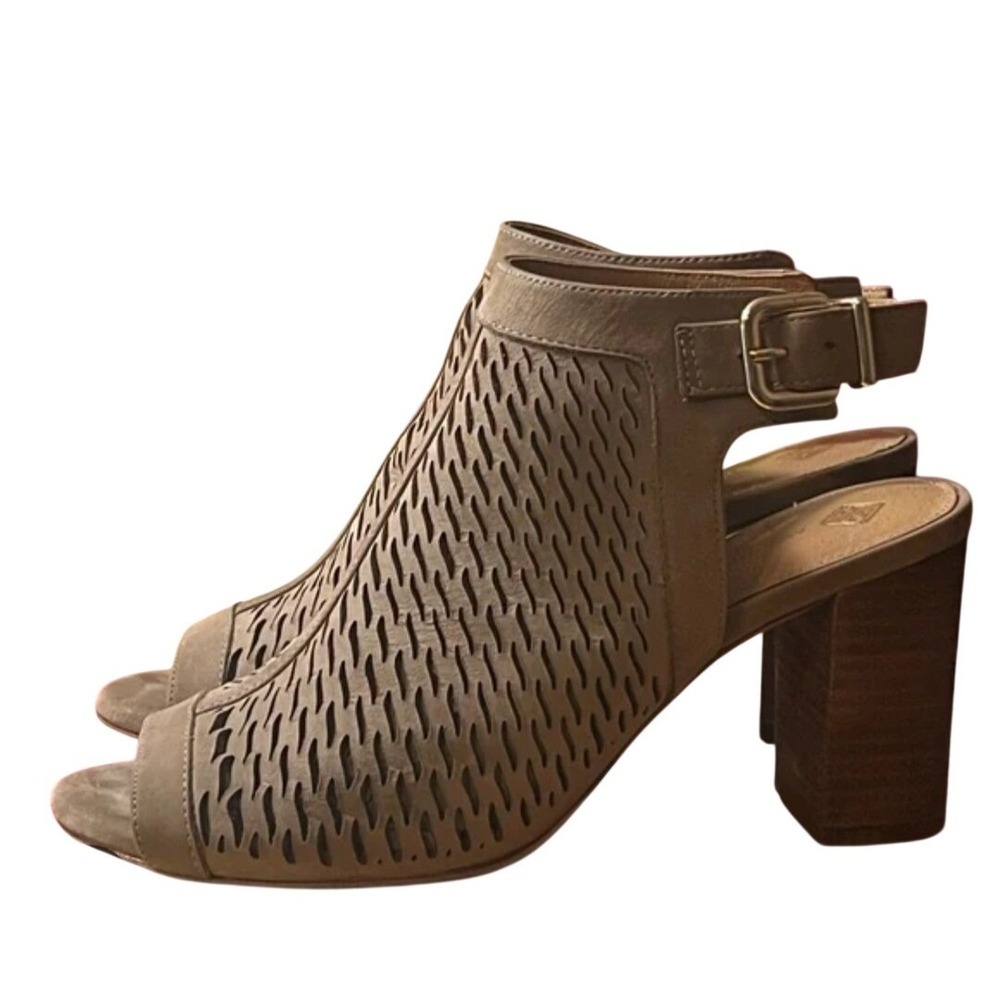 Antonio Melani Taupe Leather Perforated Block‎ Heel Sandals Open Toe Booties 6M